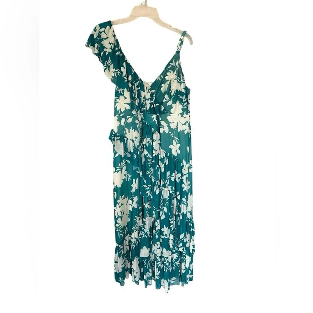 TORRID Teal White Floral Tiered Midi Mesh Ruffle Surplice Dress 12